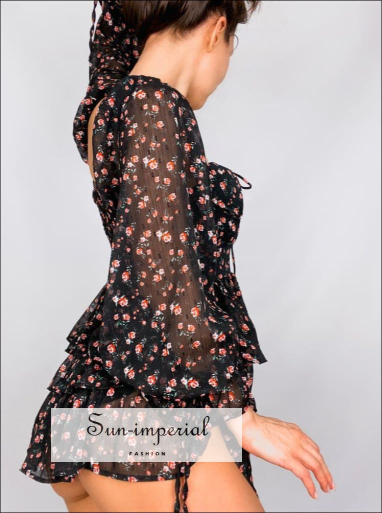 Sun-imperial - womens Black flower print puff long sheer sleeve sweetheart neck mini dress Green / L Sun-imperial - womens Black flower print puff long sheer sleeve sweetheart neck mini dress Green / L