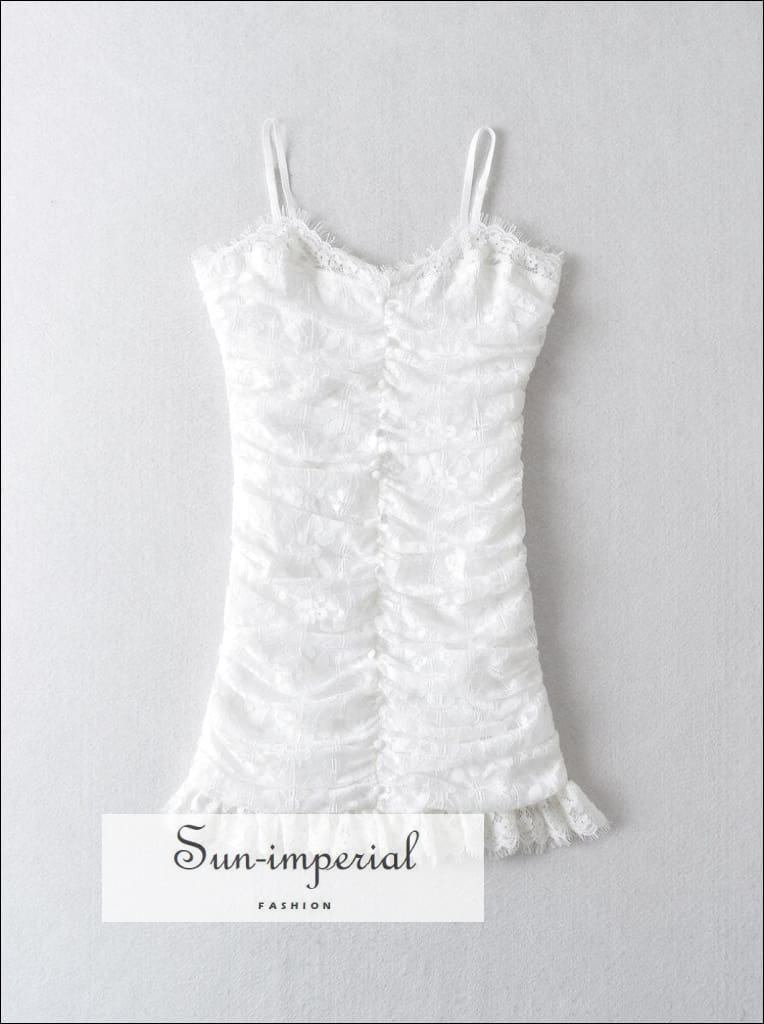 Sun-Imperial - White Lace Bodycon Adjustable Cami Strap Mini Dress with Roached Center and Ruffles White / M Sun-Imperial - White Lace Bodycon Adjustable Cami Strap Mini Dress with Roached Center and Ruffles White / M