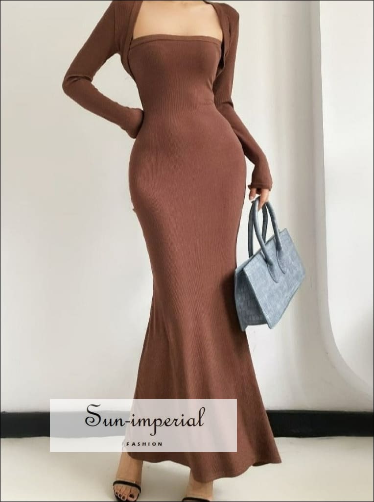Sun-imperial - women long sleeve square collar knitted mermaid bodycon maxi dress coffee / M Sun-imperial - women long sleeve square collar knitted mermaid bodycon maxi dress coffee / M