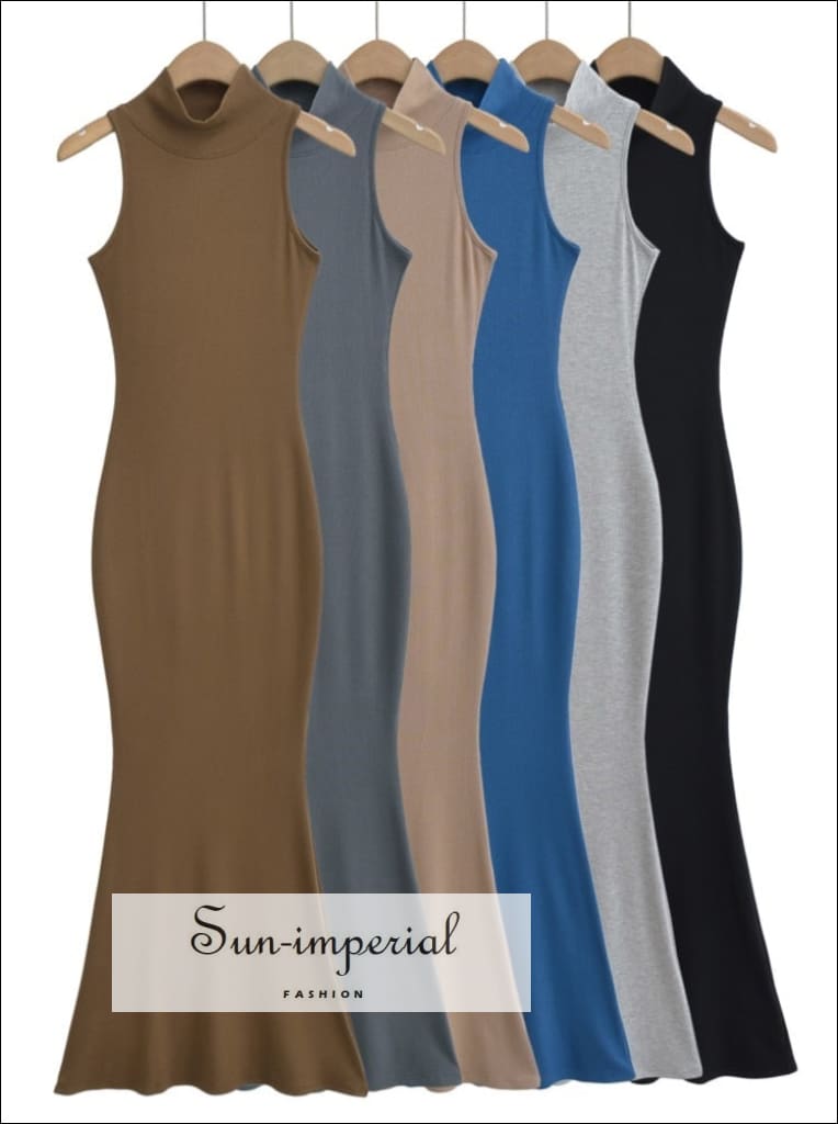 Sun-Imperial - High Neck Sleeveless Solid Casual Knitted Cotton Mermaid Maxi Dress Light Grey / S Sun-Imperial - High Neck Sleeveless Solid Casual Knitted Cotton Mermaid Maxi Dress Light Grey / S