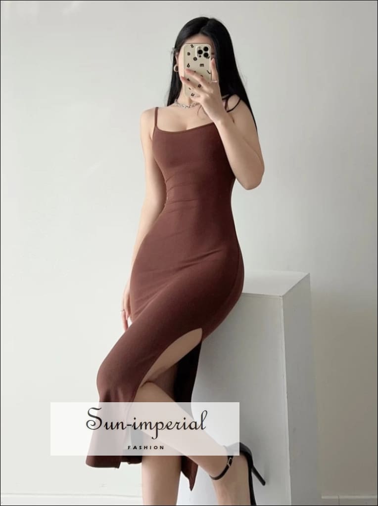Sun-imperial - women casual solid cami strap cotton bodycon side slit sleeveless midi dress Dark Grey / M Sun-imperial - women casual solid cami strap cotton bodycon side slit sleeveless midi dress Dark Grey / M