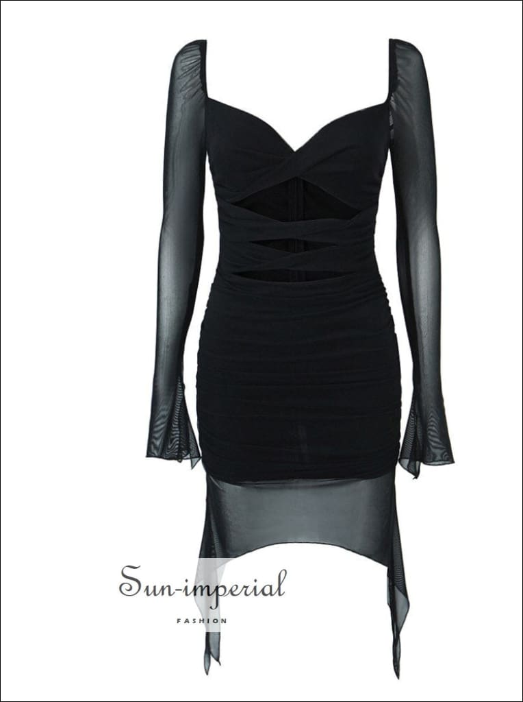 Sun-imperial - womens cut out front long flare sleeve asymmetrical mesh mini dress Black / M Sun-imperial - womens cut out front long flare sleeve asymmetrical mesh mini dress Black / M