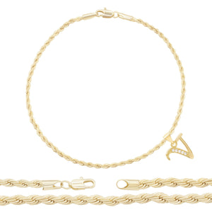 A-Z Initial Letter Pendant 14K Gold Filled Cubic Zirconia Rope Chain Anklet 10" Set CZ Charm Foot Bracelet 2.4 mm Female Women Girl