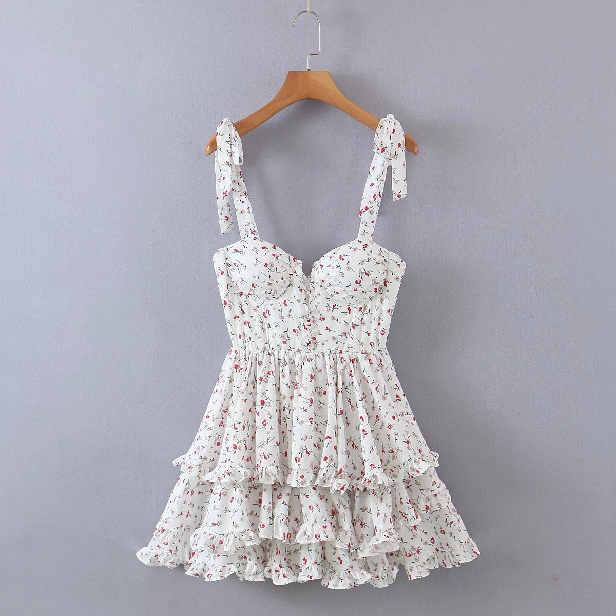 Sun-Imperial - Women White Floral Print Tie Cami Strap Spliced Neck Corset Style Layered Mini Dress White with Red Flowers and Center Lace / S Sun-Imperial - Women White Floral Print Tie Cami Strap Spliced Neck Corset Style Layered Mini Dress White with Red Flowers and Center Lace / S