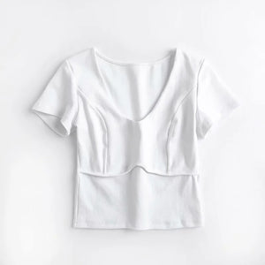 Women White Corset Bust Seam Style Short Sleeve Crop T-shirt Blouse