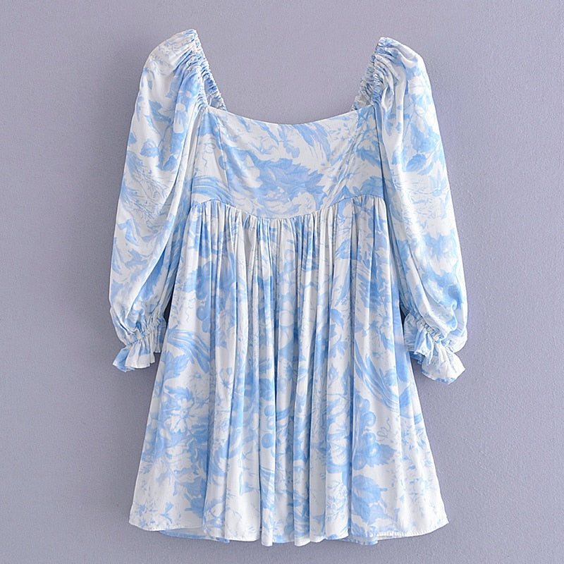 White With Blue Floral Print Short Puff Sleeve Square Neckline A-line Pleated Mini Dress L White With Blue Floral Print Short Puff Sleeve Square Neckline A-line Pleated Mini Dress L