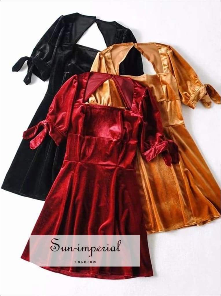 Sun-imperial - a line square neck backless red velvet mini dress with tie sleeve usa Sun-Imperial Sun-imperial - a line square neck backless red velvet mini dress with tie sleeve usa Sun-Imperial