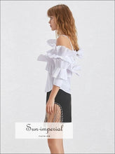 Adaline top - Solid White off the Shoulder Women Blouse Flare 3/4 Sleeve Ruffle Blouse