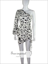 Asymmetrical Black White Polka Dot Dress One Shoulder Short Sleeve Ruffle Summer Ruched Mini best seller, Black, chick sexy style, dot, dot 