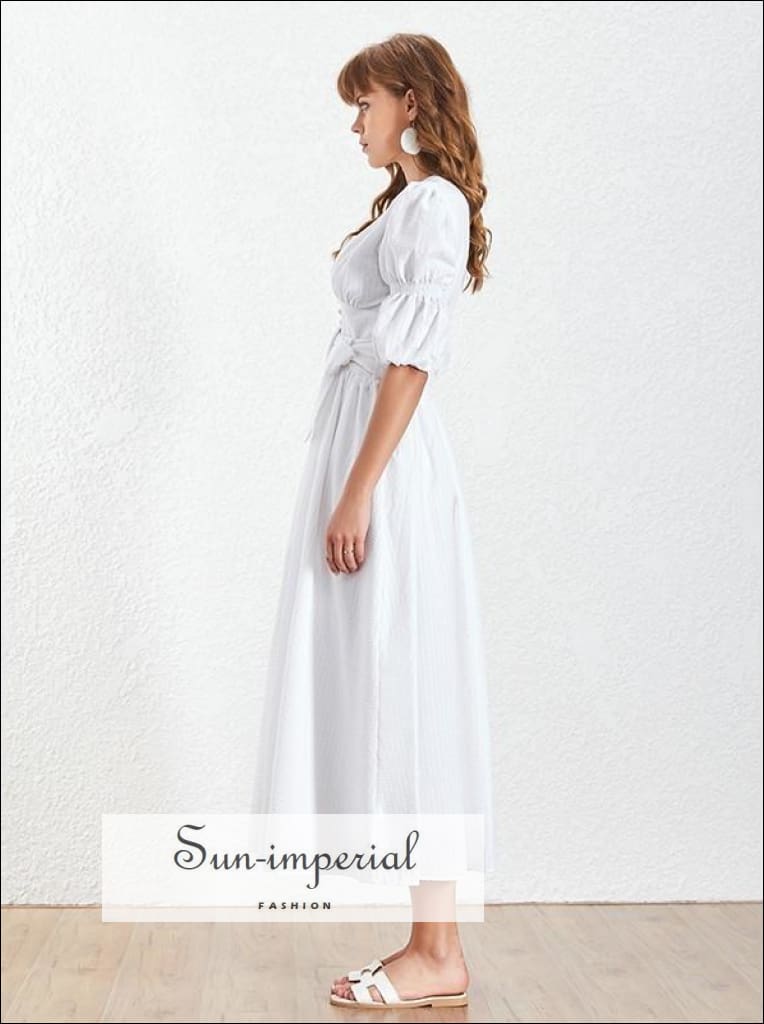 Sun-imperial - aubrey dress - White dress v neck puff short sleeve high waist belted dress White / L Sun-imperial - aubrey dress - White dress v neck puff short sleeve high waist belted dress White / L