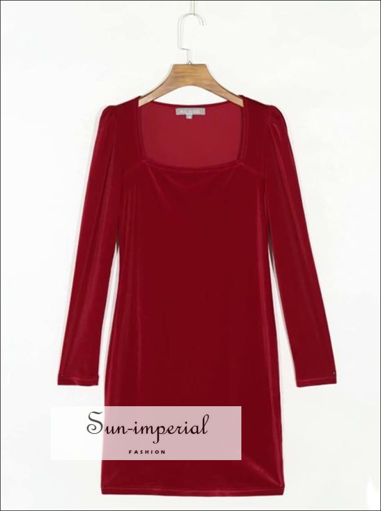 Sun-imperial - women red velvet square neckline bodycon long sleeve mini dress C884 red N1037 / M Sun-imperial - women red velvet square neckline bodycon long sleeve mini dress C884 red N1037 / M
