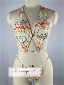 Beige One Piece Backless Monokini With Belt Tie And Geo Print Detail Sun-Imperial United States