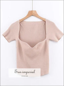 Beige Rib Knitted top Sweetheart Neck
