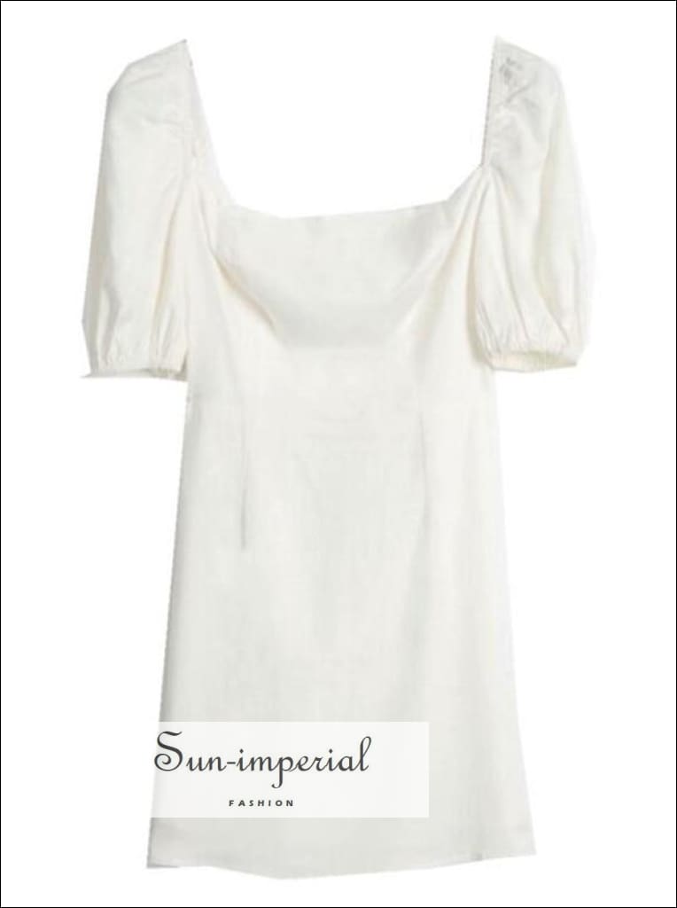 Sun-Imperial - Black Cotton Square Neckline Short Puff Sleevea-Line Mini Dress White / M Sun-Imperial - Black Cotton Square Neckline Short Puff Sleevea-Line Mini Dress White / M