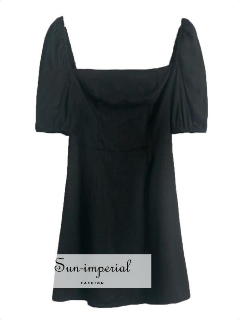 black square neck puff sleeve dress Elegant Square Neck Puff Sleeve Jacquard Dress