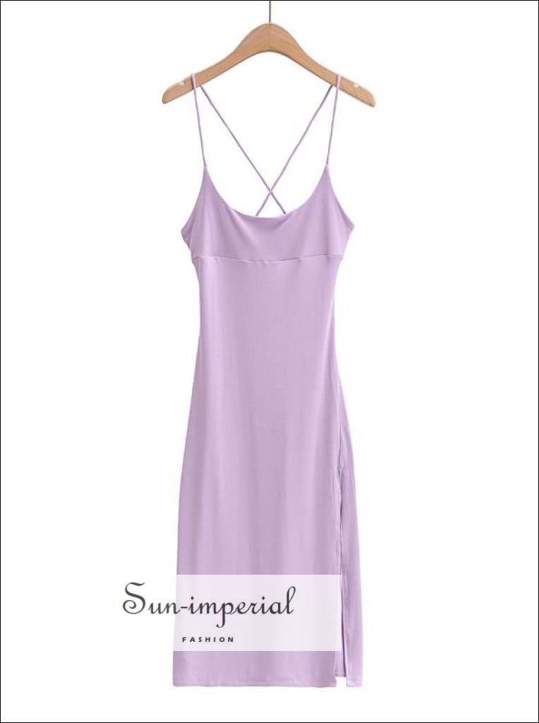 Sun-Imperial - Black Criss Cross Back Ribbed Cami Strap Midi Dress with High Front Split Detail 20210 Purple AP101 / S Sun-Imperial - Black Criss Cross Back Ribbed Cami Strap Midi Dress with High Front Split Detail 20210 Purple AP101 / S