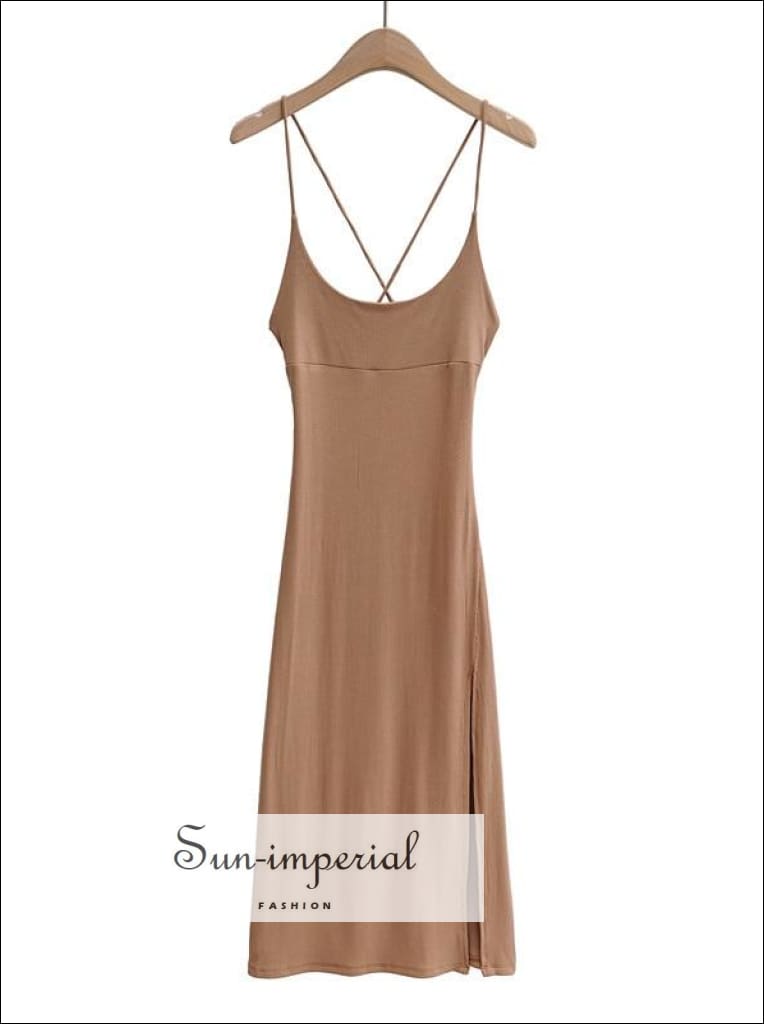 Sun-Imperial - Black Criss Cross Back Ribbed Cami Strap Midi Dress with High Front Split Detail 20210 Brown AP101 / S