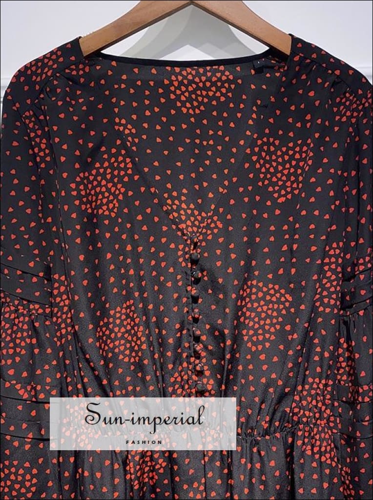 Sun-imperial - black heart print v-neck long sleeve mini dress with buttons and ruffle detail Sun-Imperial Sun-imperial - black heart print v-neck long sleeve mini dress with buttons and ruffle detail Sun-Imperial