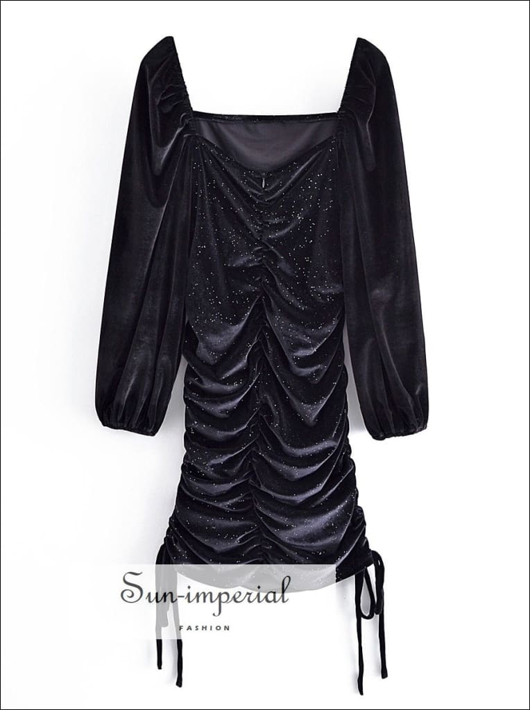 Sun-imperial - Black velvet long sleeve sequin mini dress with square collar dual side drawstring Black / S Sun-imperial - Black velvet long sleeve sequin mini dress with square collar dual side drawstring Black / S