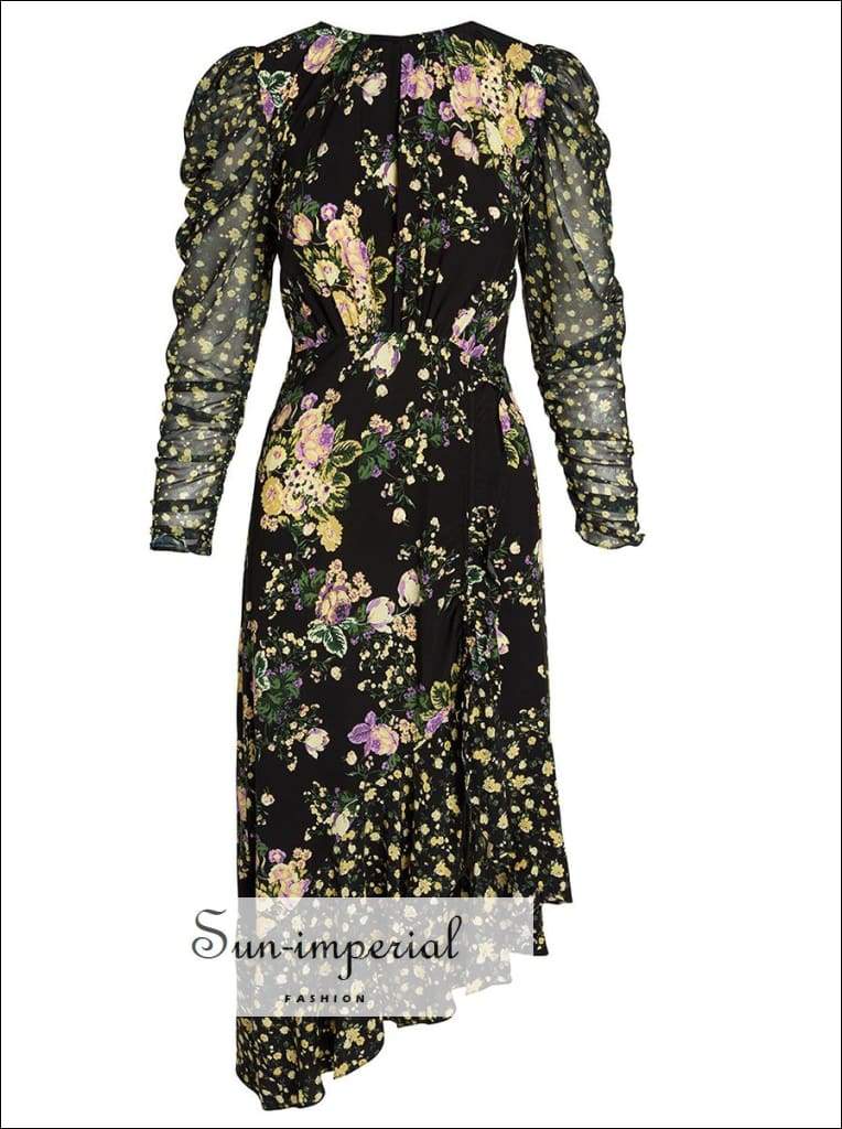Sun-imperial - black vintage floral print dress o neck cut out chiffon semi  sheer sleeve elegant  Sun-Imperial