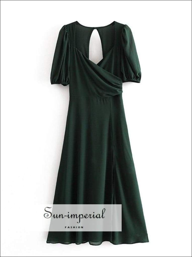 Sun-imperial - Black vintage short sleeve midi dress sweetheart neckline side split polka dot print 6921 green O111 / S Sun-imperial - Black vintage short sleeve midi dress sweetheart neckline side split polka dot print 6921 green O111 / S