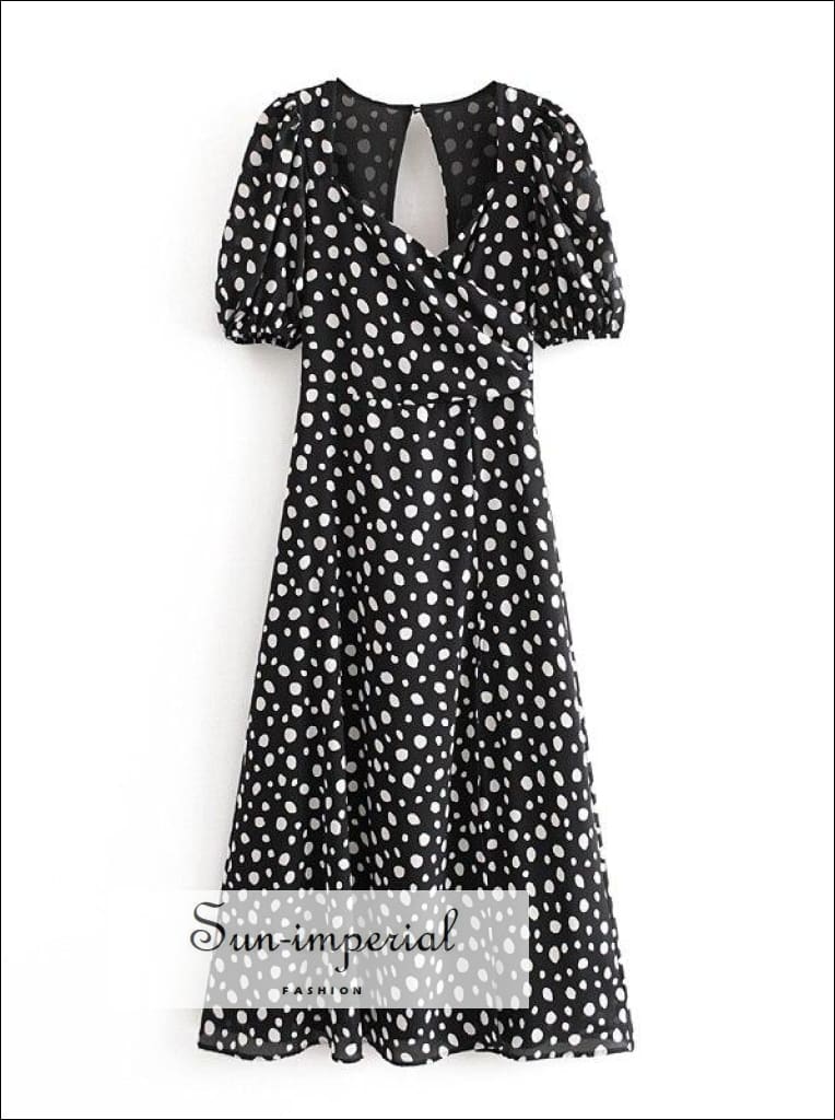 Sun-imperial - Black Vintage Short Sleeve Midi Dress Sweetheart Neckline Side Split Polka Dot Print 6920 Dot O111 / L Sun-imperial - black vintage short sleeve midi dress sweetheart neckline  side split polka dot print – Sun-Imperial
