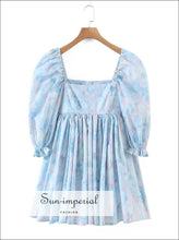 Blue Floral Print Short Puff Sleeve Square Neckline A-line Pleated Mini Dress A-Line Dress, bohemian style, boho harajuku Preppy Style