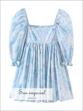 Blue Floral Print Short Puff Sleeve Square Neckline A-line Pleated Mini Dress A-Line Dress, bohemian style, boho harajuku Preppy Style