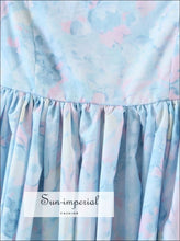 Blue Floral Print Short Puff Sleeve Square Neckline A-line Pleated Mini Dress A-Line Dress, bohemian style, boho harajuku Preppy Style
