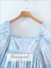 Blue Floral Print Short Puff Sleeve Square Neckline A-line Pleated Mini Dress A-Line Dress, bohemian style, boho harajuku Preppy Style