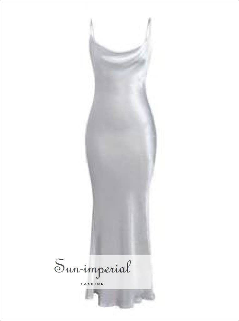 Sun-Imperial - Blue Maxi Satin Dress Slim Backless Cowl Neck Cami Straps Cocktail Party Dress JE9 White / L Sun-Imperial - Blue Maxi Satin Dress Slim Backless Cowl Neck Cami Straps Cocktail Party Dress JE9 White / L