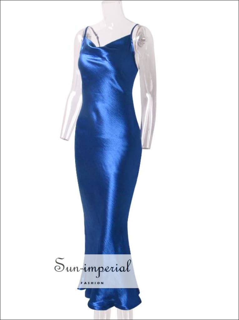 Sun-Imperial - Blue Maxi Satin Dress Slim Backless Cowl Neck Cami Straps Cocktail Party Dress JE9 Blue / S