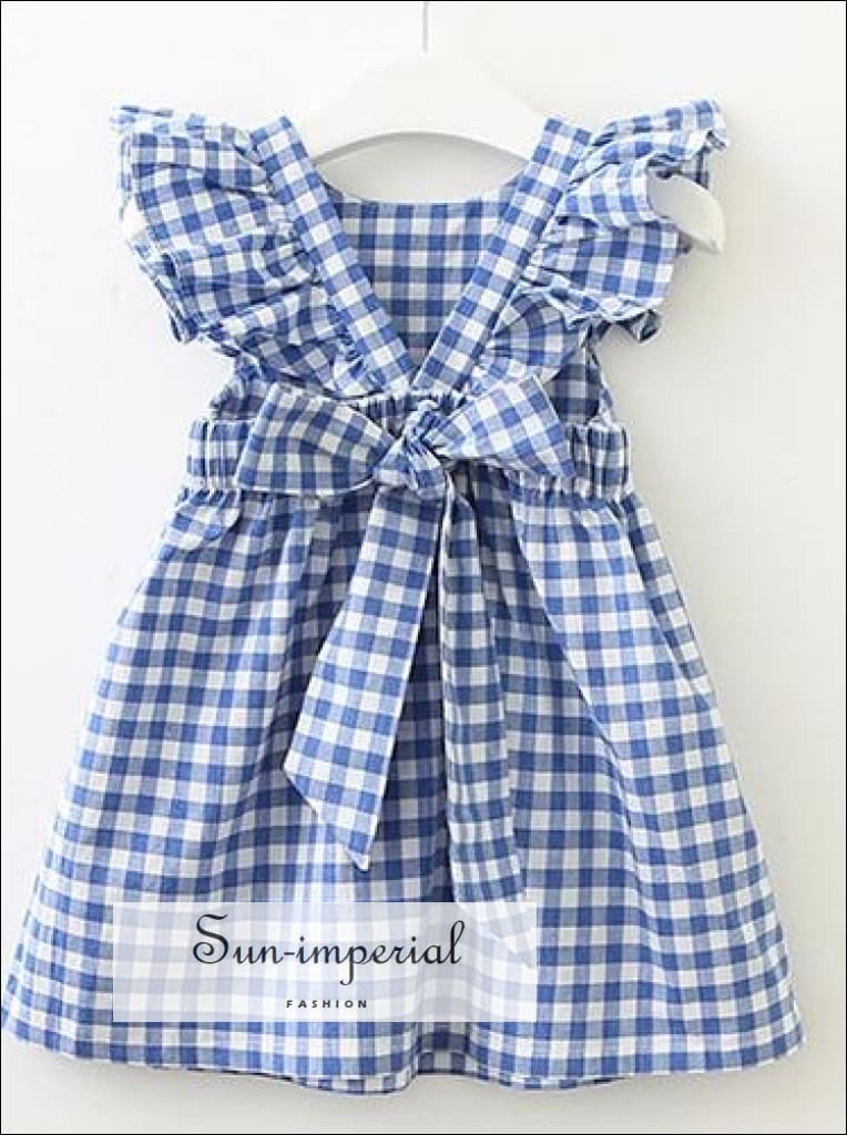 Sun-imperial - blue plaid flying sleeve baby girl ruffles backless kids dress A8 sky blue / 24M Sun-imperial - blue plaid flying sleeve baby girl ruffles backless kids dress A8 sky blue / 24M