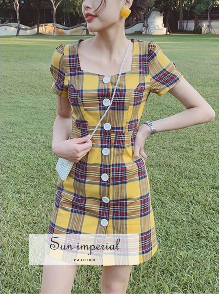 Sun-imperial - blue plaid mini dress short sleeve buttoned front square neck blue / S