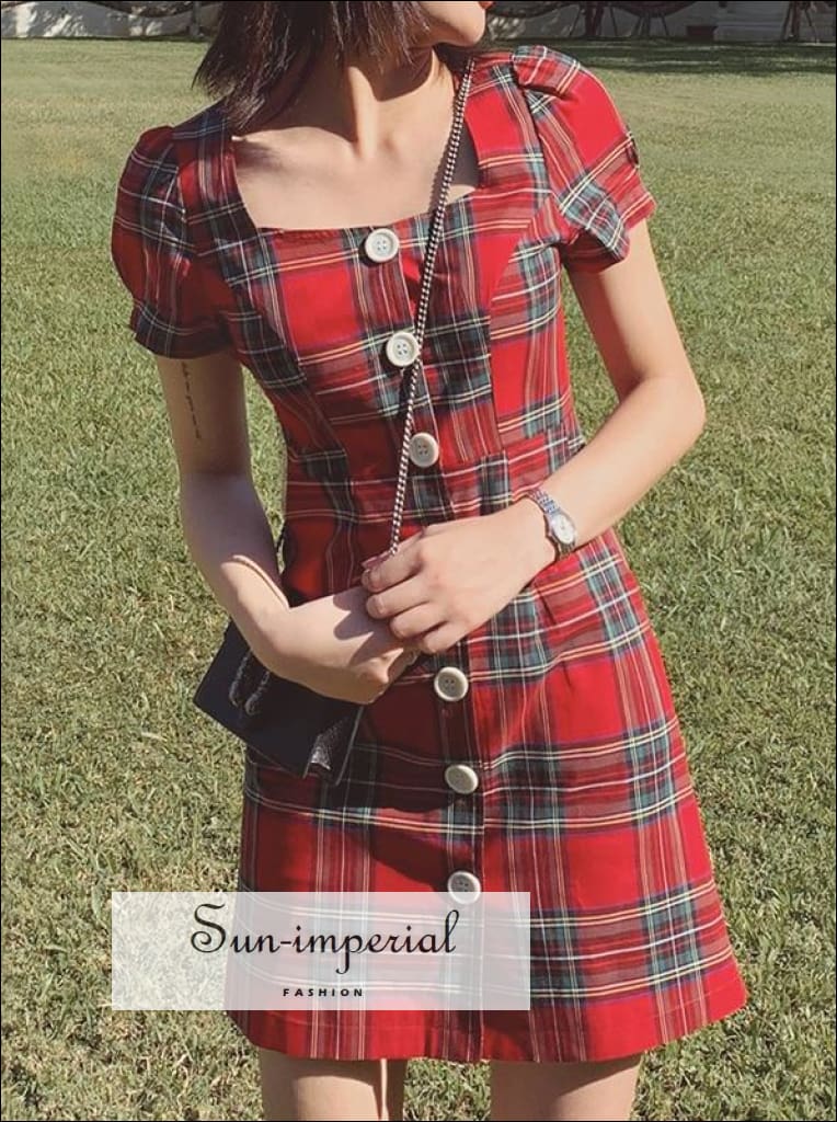 fitted lace wedding dress Eirene Girls Plaid Dress: Grey and Red with White Collar main image 1
