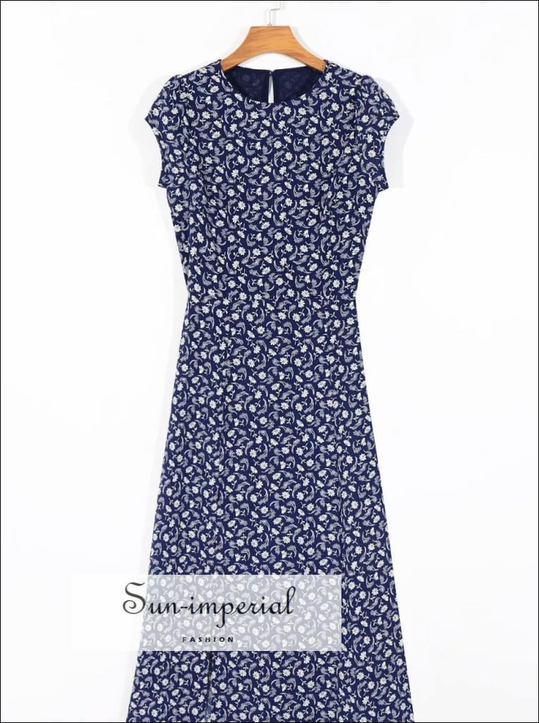 Sun-imperial - blue vintage sleeveless floral print midi dress split front backless White summer H487 purple N756 / M Sun-imperial - blue vintage sleeveless floral print midi dress split front backless White summer H487 purple N756 / M