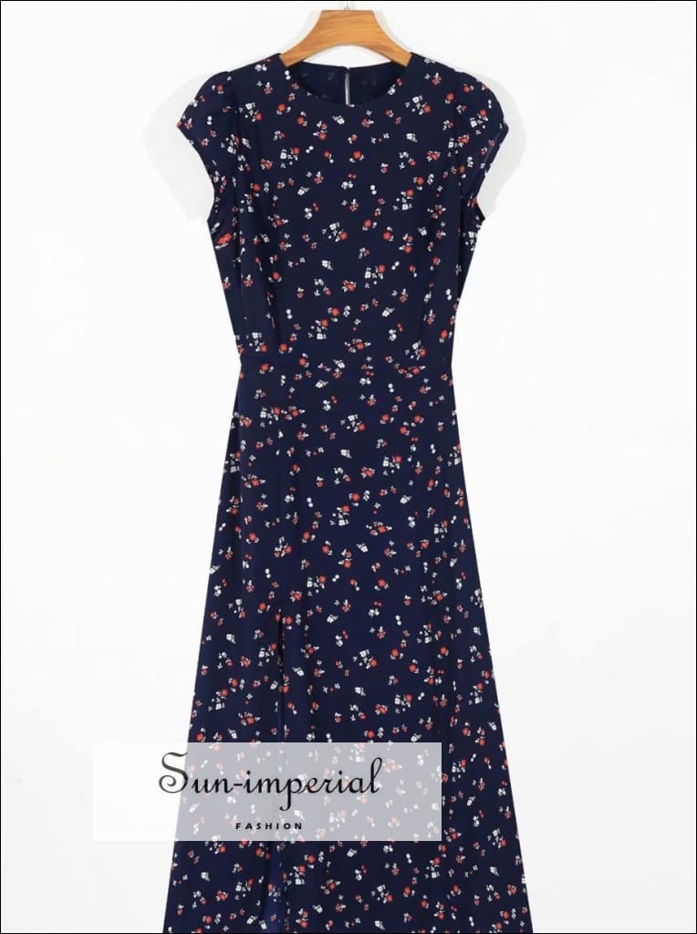 Sun-imperial - vintage sleeveless floral print midi dress split front backless NAVY summer dress C551 NAVY N756 / S Sun-imperial - vintage sleeveless floral print midi dress split front backless NAVY summer dress C551 NAVY N756 / S