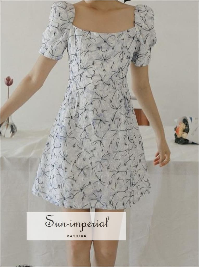 Sun-imperial - blue vintage square collar embroidered floral a-line short  sleeve mini dress  Sun-Imperial
