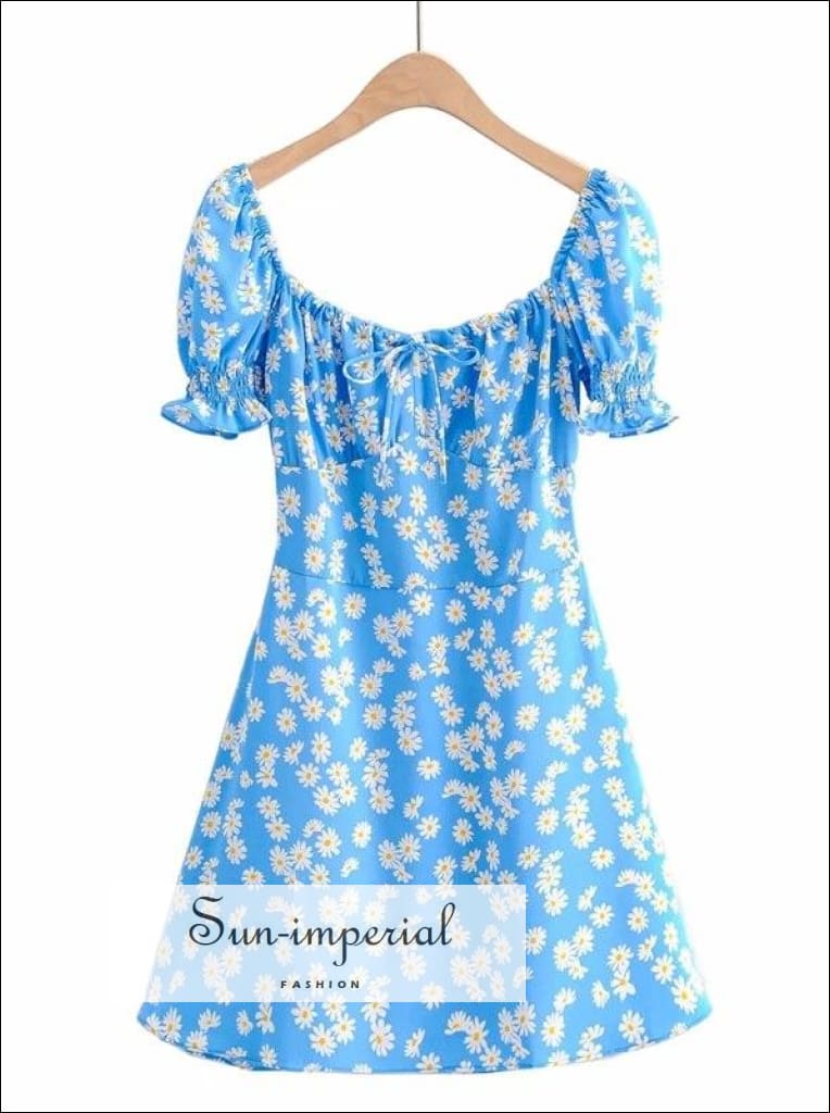 Summer Outfits Short Blue Dress With Puff Sleeves