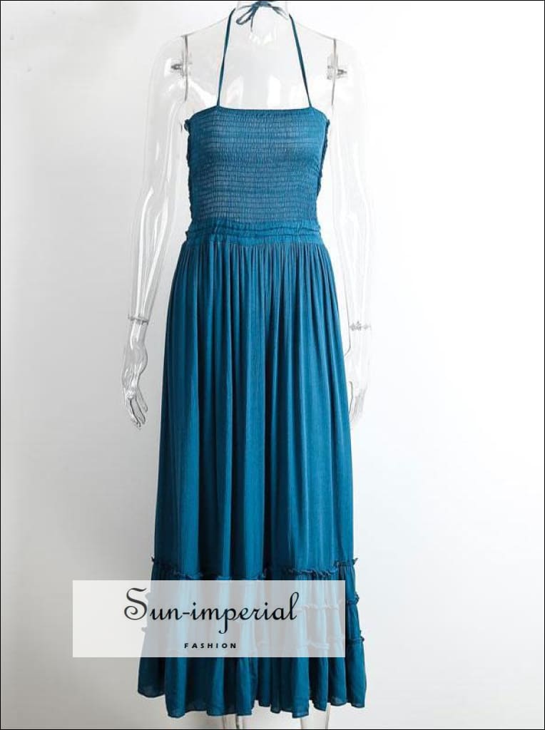 Sun-imperial - boho vintage women maxi dress summer halter backless strapless patchwork summer Blue / XL Sun-imperial - boho vintage women maxi dress summer halter backless strapless patchwork summer Blue / XL