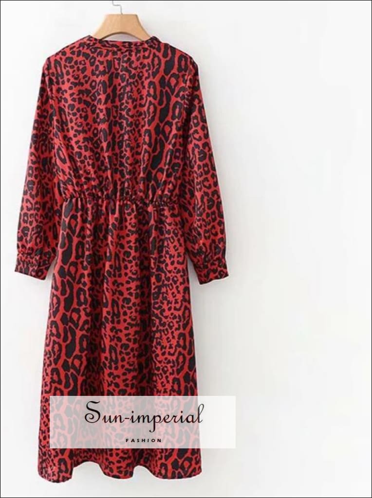 Sun-imperial - bow tie collar leopard print pleated dress Red animal pattern elastic waist long Red / S Sun-imperial - bow tie collar leopard print pleated dress Red animal pattern elastic waist long Red / S