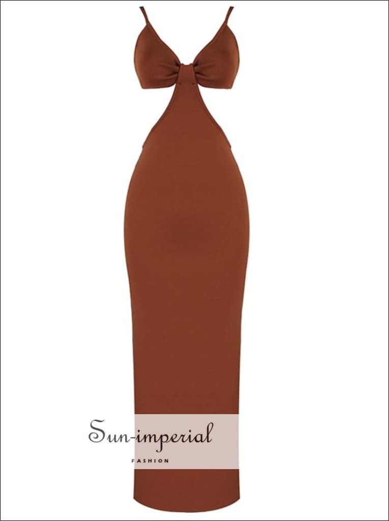Sun-imperial - Brown cut out waist v neck backless party maxi dress Brown / S