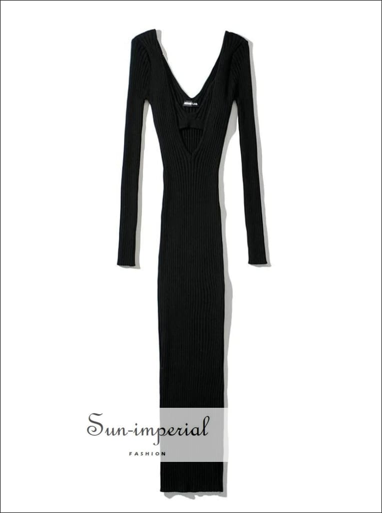 Sun-imperial - brown rib knitted deep v neck bodycon slim midi dress with a matching ribbed bra set Black / One Size Sun-imperial - brown rib knitted deep v neck bodycon slim midi dress with a matching ribbed bra set Black / One Size