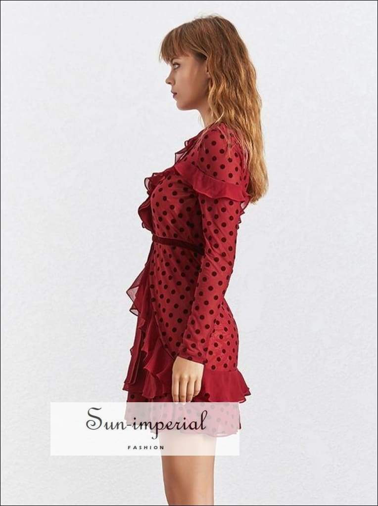 Sun-imperial - bug dress- polka dot dress v neck long sleeve high waist ruffles sheer mini party Black / S Sun-imperial - bug dress- polka dot dress v neck long sleeve high waist ruffles sheer mini party Black / S