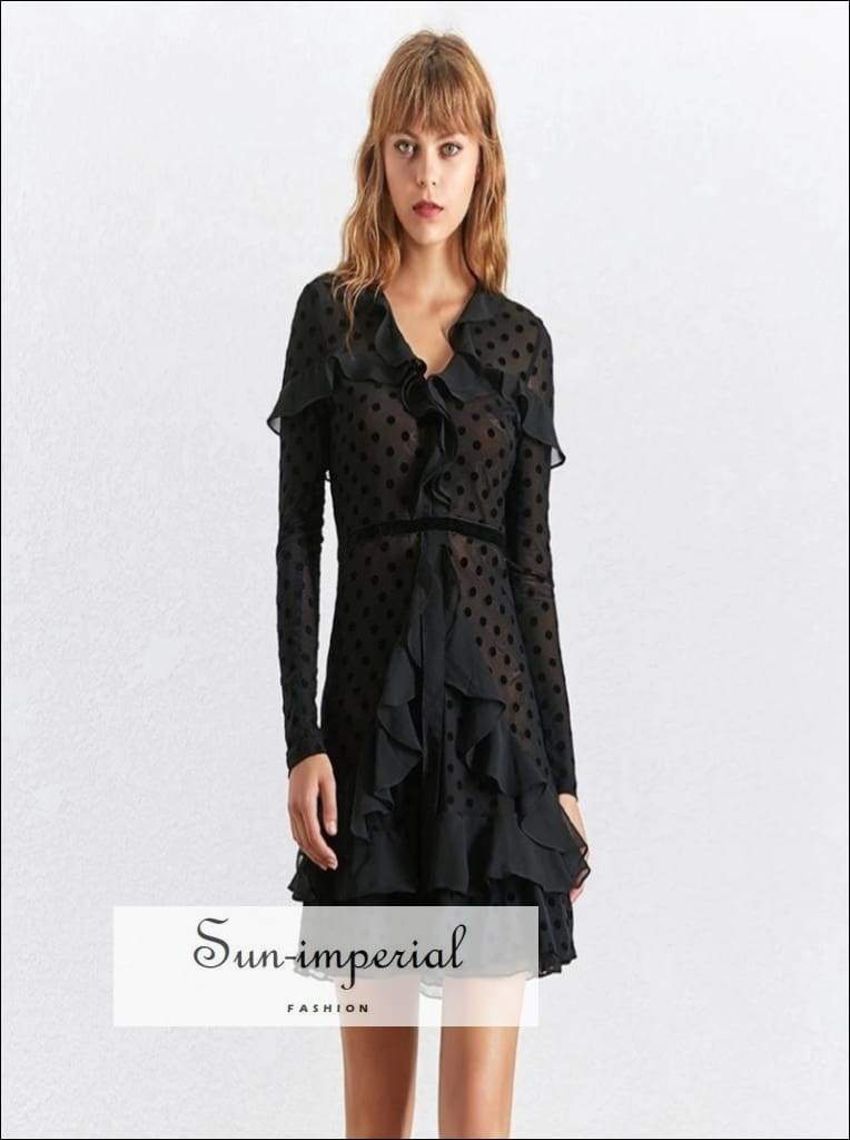 Sun-imperial - bug dress- polka dot dress v neck long sleeve high waist ruffles sheer mini party Black / L Sun-imperial - bug dress- polka dot dress v neck long sleeve high waist ruffles sheer mini party Black / L