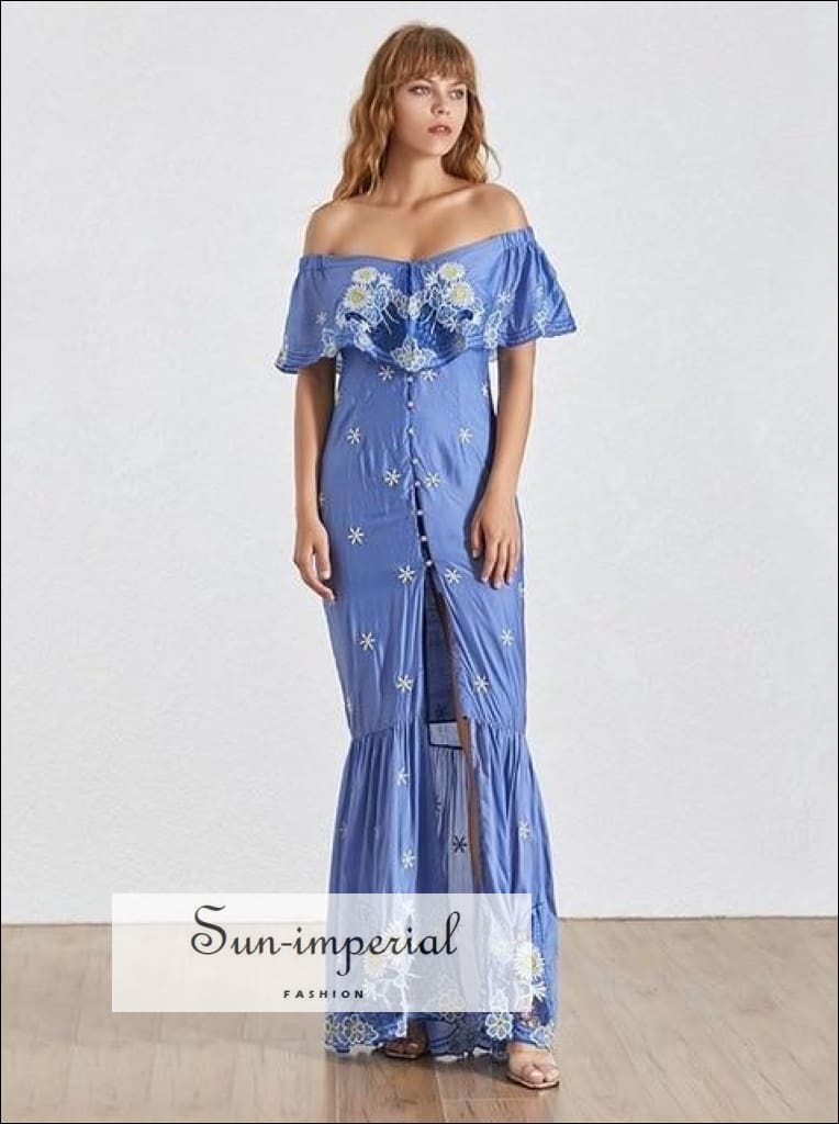 Sun-imperial - butterfly dress in maxi - elegant embroidery women dress off shoulder slash neck high blue / M Sun-imperial - butterfly dress in maxi - elegant embroidery women dress off shoulder slash neck high blue / M