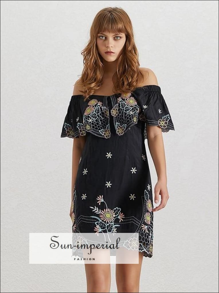 Sun-imperial - butterfly dress- summer flower embroidery women dress off shoulder slash neck short Black / S Sun-imperial - butterfly dress- summer flower embroidery women dress off shoulder slash neck short Black / S