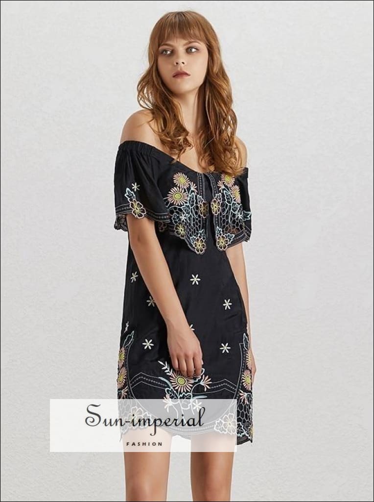 Sun-imperial - butterfly dress- summer flower embroidery women dress off shoulder slash neck short Black / S Sun-imperial - butterfly dress- summer flower embroidery women dress off shoulder slash neck short Black / S