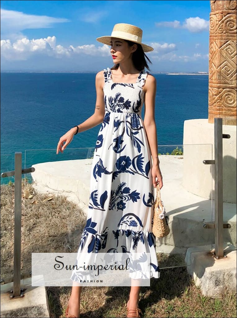 Sun-imperial - carter dress- summer korean print ankle-length women dress square collar off shoulder Blue / L Sun-imperial - carter dress- summer korean print ankle-length women dress square collar off shoulder Blue / L