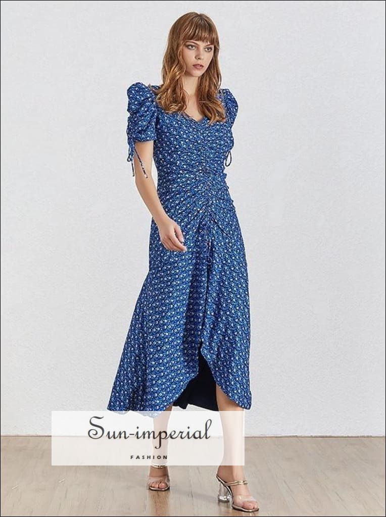 Sun-imperial - colette dress- blue vintage floral print midi dress v neck puff short sleeve high blue / M Sun-imperial - colette dress- blue vintage floral print midi dress v neck puff short sleeve high blue / M